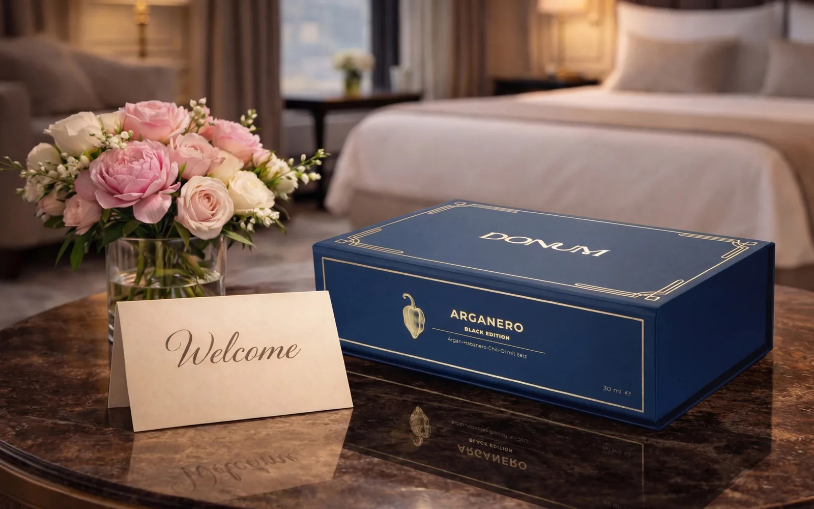 DONUM in einem eleganten Luxushotelzimmer präsentiert
